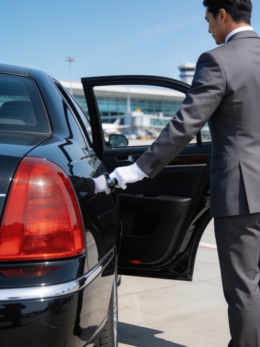 A chauffeur waiting beside a car at the terminal kerbside